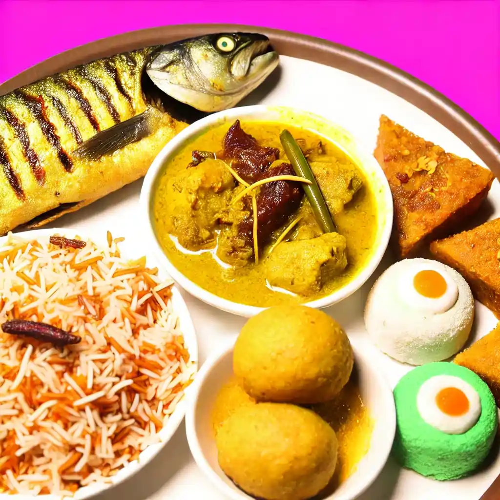 Hilsa fish curry, biryani, and sweets like rasgulla and mishti doi